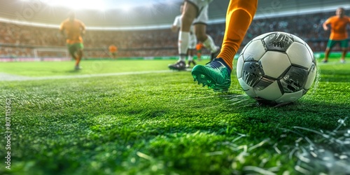 This image portrays a soccer player poised to kick the ball during a match on a lush green field, symbolizing the anticipation and strategies of team sports