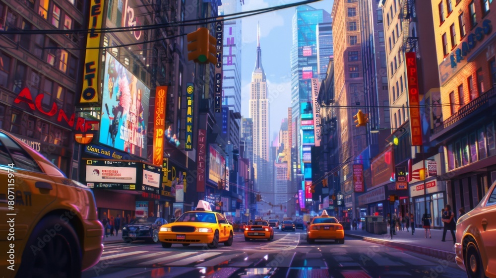 Fototapeta Close-up of a bustling street corner with towering skyscrapers and iconic landmarks, capturing the energy of the vibrant capital city.