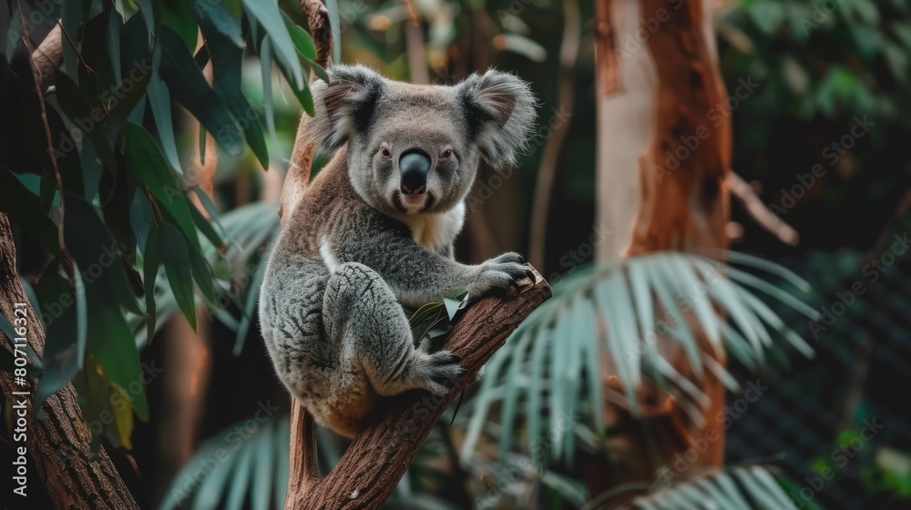 Obraz premium Koala Bear Sit On The Branch of the tree and eat leaves 4K Wallpaper.