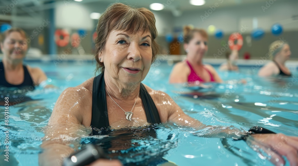 Obraz premium A group of people surround a woman in the middle of a swimming pool She holds a paddle in her hand