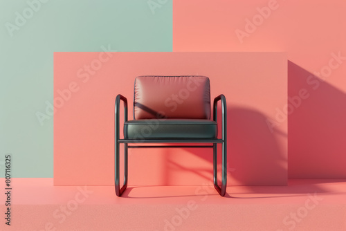 modern chair with metal frame and leather cushions against a two-tone geometric background