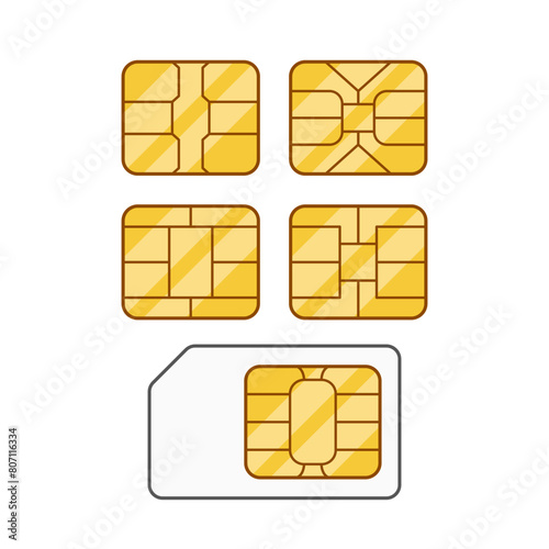 Simcards Graphic Set Featuring Various Styles Of Sim Cards In Yellow And Gold Tones, Including Micro, Mini And Nano