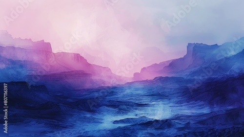 Dreamy landscape painting of mountains in shades of pink and blue with a watercolor effect.