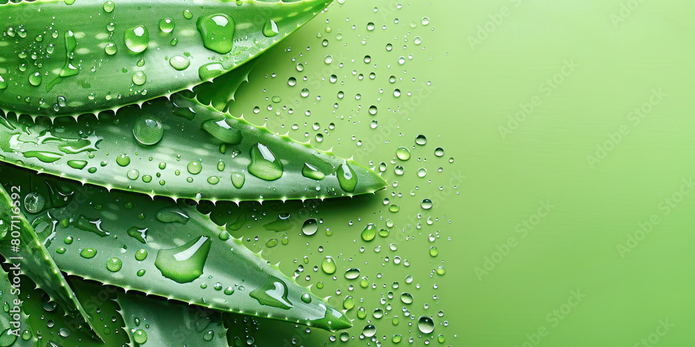 Obraz premium A vibrant display of fresh Aloe Vera leaves with sparkling water droplets, symbolizing natural hydration and skin care against a soothing green backdrop with copy space.