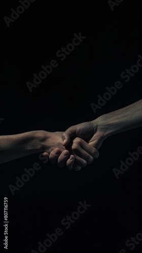 Close-up of a confident handshake between professionals, the interaction illuminated subtly against the black void, portraying trust and respect.