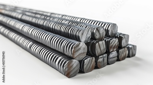 3D illustration showing reinforcement steel bars arranged in a row, forming an industrial background and representing building armature, isolated on a white background. photo