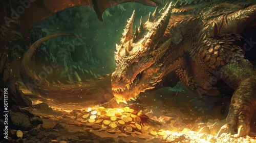 Fantasy Dragon keeping golden treasure, AI Generated photo