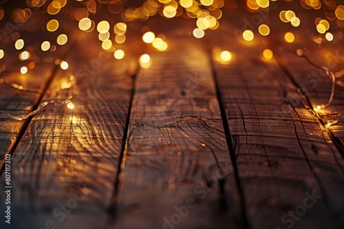 Warm Wooden Texture Basked in Golden Twinkling Lights