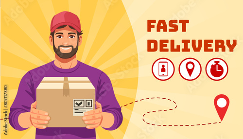 Fast delivery poster banner. Courier with parcel, vector graphics. Design for a banner for a website, app, printing merch