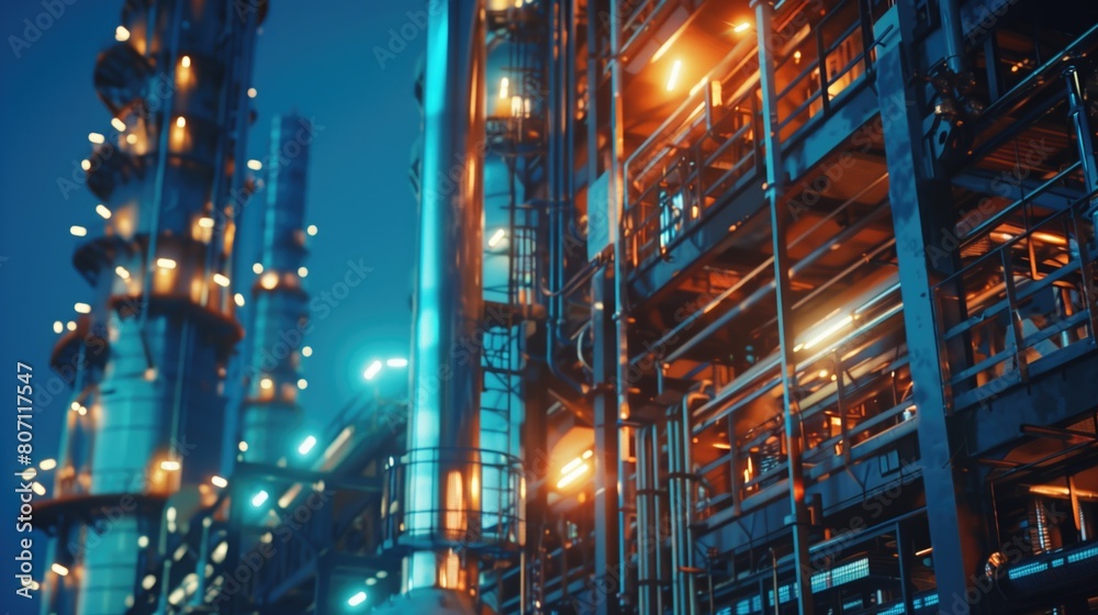 Modern industrial plant or oil refinery petrochemial chemical processing factory with lights background AI generative