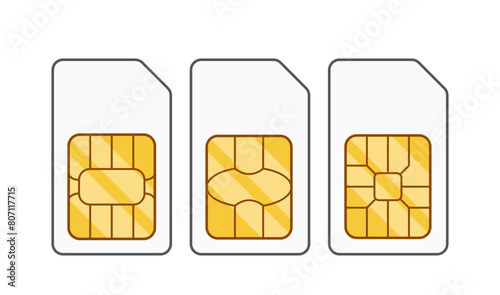 Sim Cards, Subscriber Identity Module Arranged Vertically. Three Vector Standard Size Small Chips In Mobile Devices