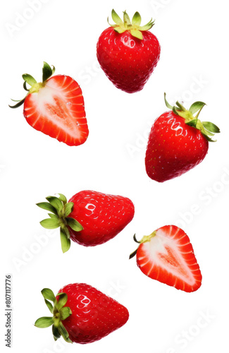 PNG  Four slice strawberries floating in the air and fruit plant.