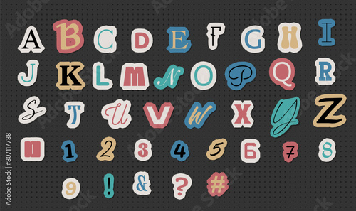 Newspaper letters, numbers and punctuation marks collection. Vintage isolated vector illustration