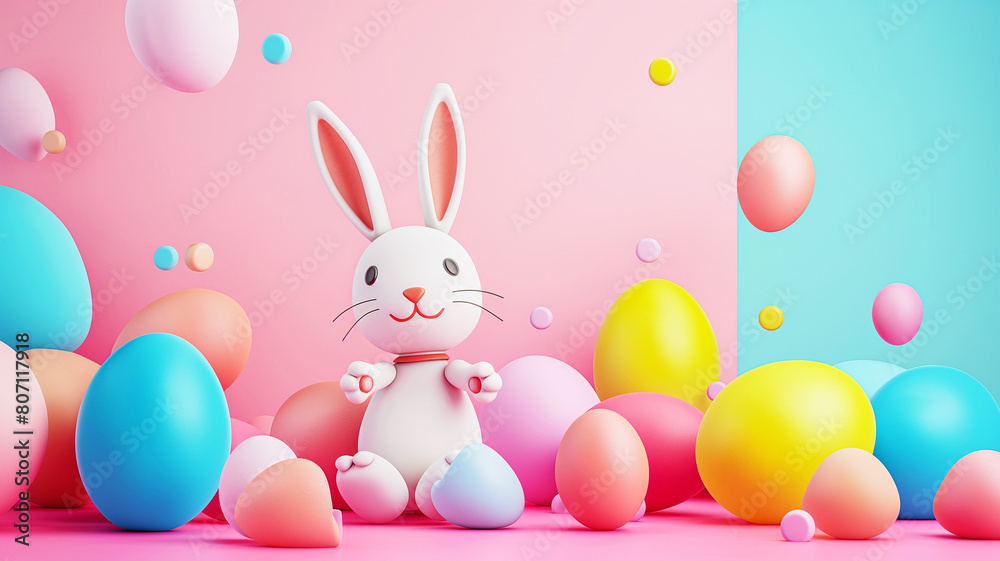A cute cartoon Easter bunny sit with full of colorful Easter eggs 3d vector