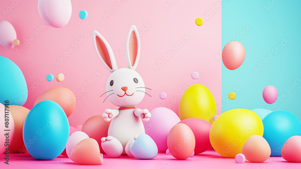 A cute cartoon Easter bunny sit with full of colorful Easter eggs 3d vector A cute cartoon Easter bunny sit with full of colorful Easter eggs 3d vector