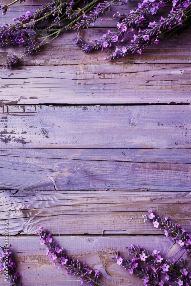 Obraz premium Lavender Sprigs on a Rustic Purple Wooden Background