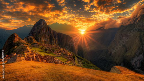 A panoramic view of Machu Picchu at sunrise, with the ancient Inca city nestled in green terraced fields surrounded by misty mountains under an orange and pink sky
 photo