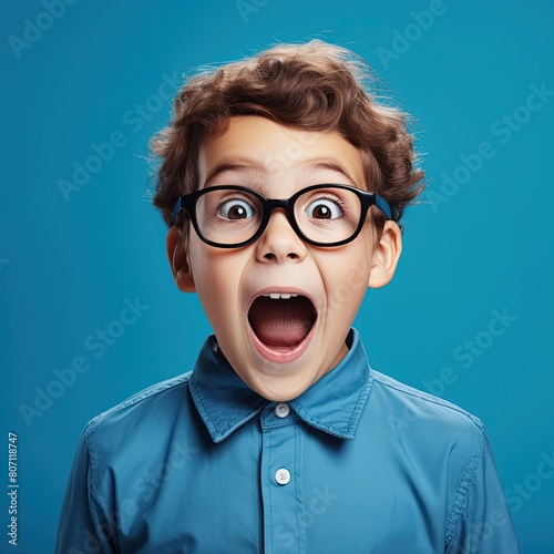 back-to-school-portrait-of-happy-surprised-kid-in-glasses-isolated-on-blue-background-with-copy-space-new-school-knowledges © Umme
