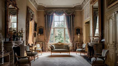 The interior of the room is in the style of classicism. A room lit by light from a window.