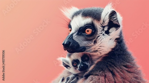 Tender Embrace A Surreal of a Mother Lemur Holding Her Baby on a Pastel Peach Background