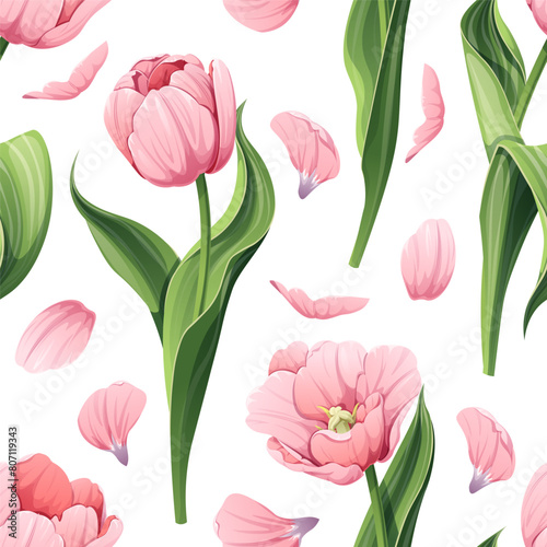Seamless pattern with spring flowers. Texture with pink tulips and petals. Vector graphics. Great for wallpaper, fabric, cards