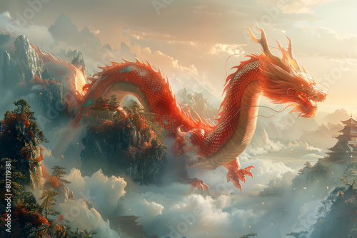A resplendent red dragon glides among misty clouds above a serene Chinese mountain landscape, illuminated by the soft glow of sunrise photo