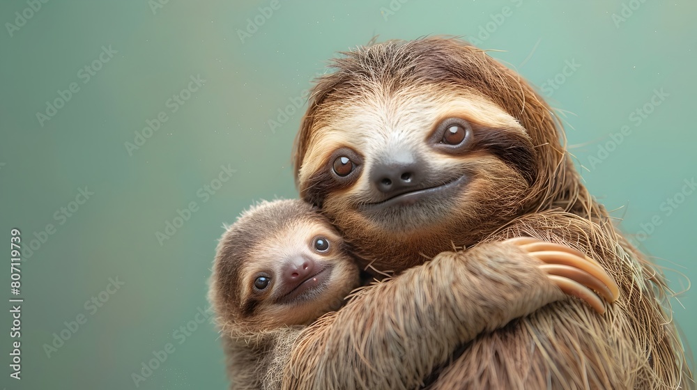 Fototapeta premium Maternal Serenity A Surreal Sloth Mother Embracing Her Newborn in a Pastel Green Realm