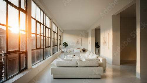 The interior of the room is in the style of minimalism. A room lit by light from a window.