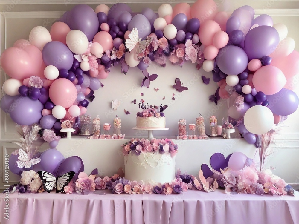 Backdrop For Butterfly Theme Birthday Party Lots Of Balloons And