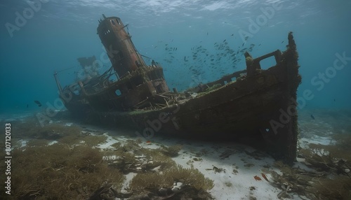 A shipwreck resting on the ocean floor surrounded upscaled 3