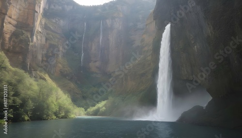 A cascading waterfall surrounded by towering cliff upscaled 2