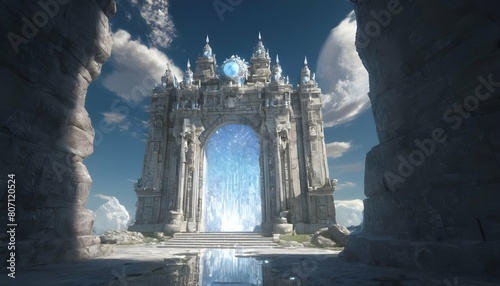 A celestial gate with gates of pearl and walls of