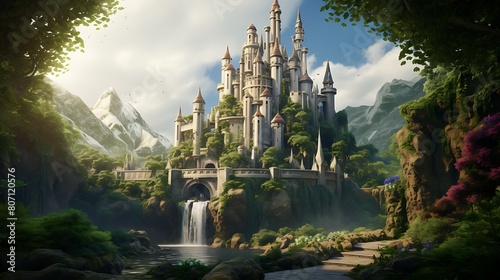 An enchanting fairy-tale castle perched atop a mountain, surrounded by lush greenery and animated creatures roaming the grounds.