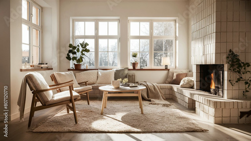 The interior of the room is in the Scandinavian style. A room lit by light from a window.