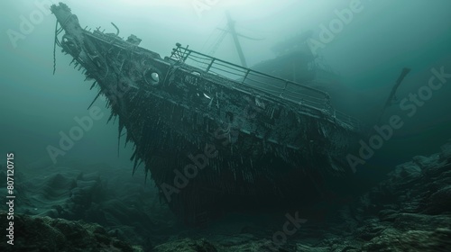Detailed image of a sunken ship enveloped by the deep sea, portrayed against an isolated backdrop to emphasize its ghostly allure