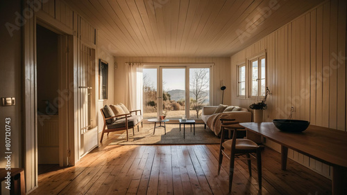 The interior of the room is in the Scandinavian style. A room lit by light from a window. © Mikhail