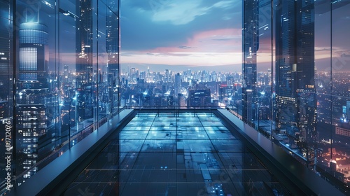 An elevated modern high-tech platform providing a panoramic view of a sprawling futuristic cityscape at night, depicted in a captivating 3D rendering. photo