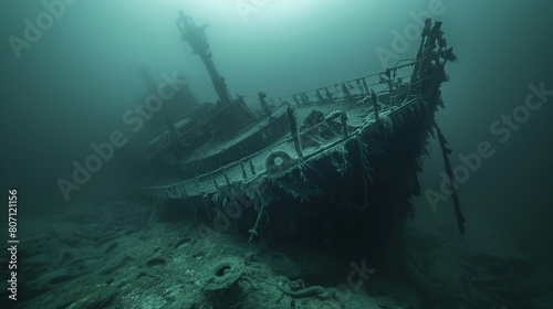 Detailed and close-up, a sunken ship lying in the silent depths, framed perfectly against an isolated underwater background © Paul
