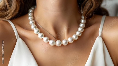  A tight shot of a woman in a white dress and a pearl necklace adorned with a diamond clasp around her neck