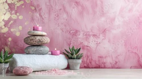   A towel holds a stack of rocks beside a succulent and pink wall