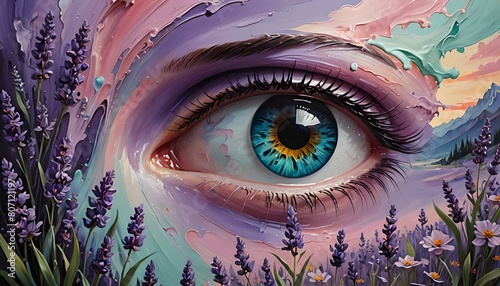 Beautiful female eye with lavender flowers in the background. Digital painting.