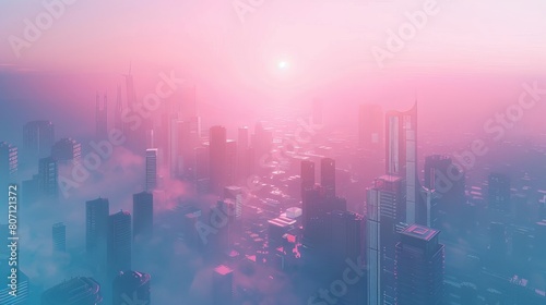 Concept art of a hazy  cyberpunk-inspired Sci-Fi City featuring futuristic buildings extending to the horizon  set against a backdrop of a futuristic landscape with a pink and blue color scheme.