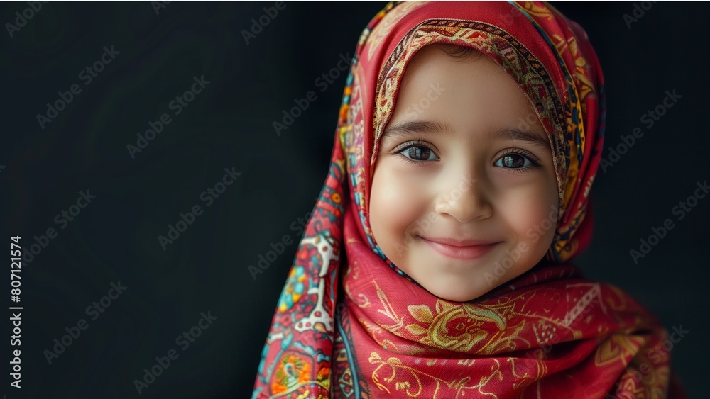 Adorable happy smiling Pakistani Muslim girl with beautiful eyes wearing hijab and traditional costume. Portrait of pretty cute Indian kid standing with smiley face on dark black background Adorable happy smiling Pakistani Muslim girl with beautiful eyes wearing hijab and traditional costume. Portrait of pretty cute Indian kid standing with smiley face on dark black background