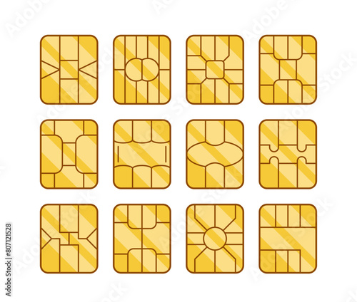 Collection Of Diverse Sim Card Designs, Each Featuring A Unique Arrangement Of Circuit Patterns In Golden Hues, Vector