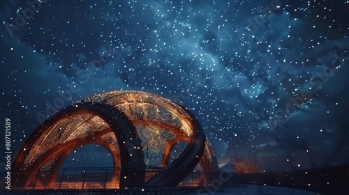 Close and personal view of a star-gazing pavilion under a cosmic sky, showcasing the stark contrast and isolation, engulfed in stars