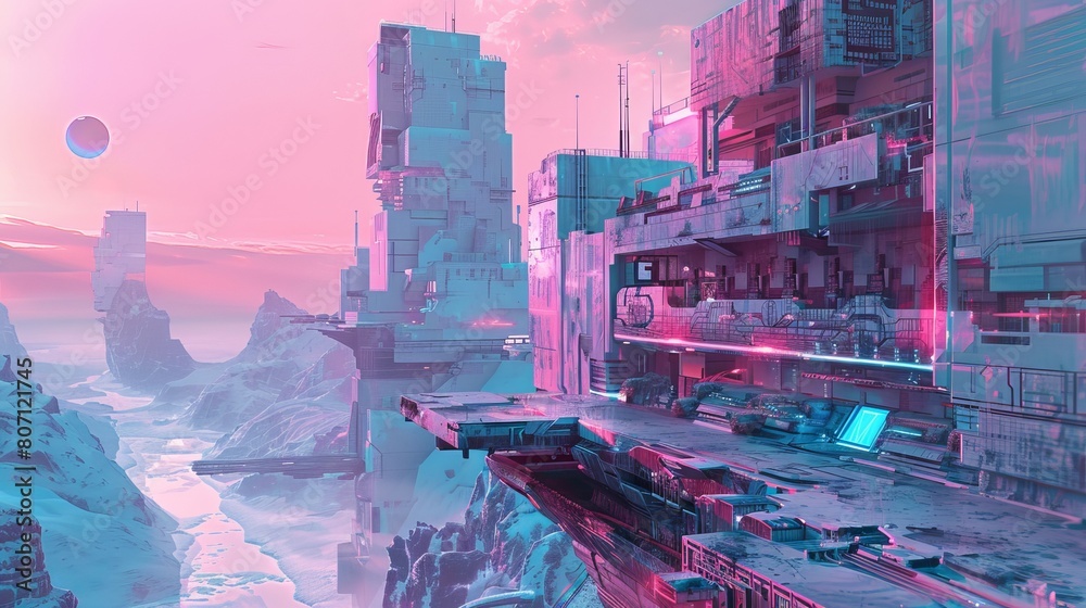 Concept art portraying a cyberpunk-inspired Sci-Fi City set within a futuristic landscape, characterized by pink and blue tones and futuristic-style buildings stretching to the horizon. Concept art portraying a cyberpunk-inspired Sci-Fi City set within a futuristic landscape, characterized by pink and blue tones and futuristic-style buildings stretching to the horizon.