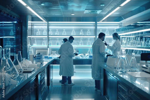 Group of people in white lab coats are working in sterile environment. Scene is serious and focused, as people are wearing full protective gear