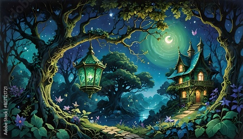 Fantasy landscape with castle in the forest at night illustration for children