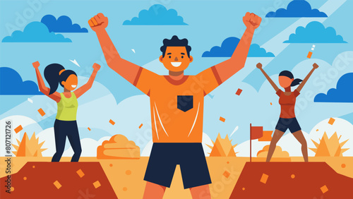 A team member encouraging their partner as they slog through a muddy obstacle course together taking on the ultimate test in the Summer CrossFit. Vector illustration
