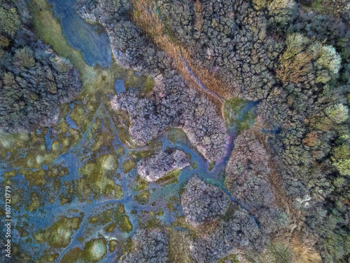 Aerial top down of wetlands at IJmuiden beach at sunset by North Sea in North Holland